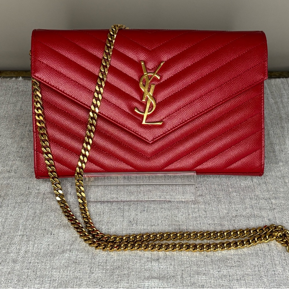 Yves Saint Laurent Red Envelope Chevron Leather Clutch